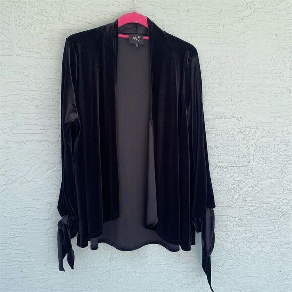 W5 Women's Black Velvet Shawl Collar Coatigan XL Mid-Length Tie Accents - Picture 1 of 7